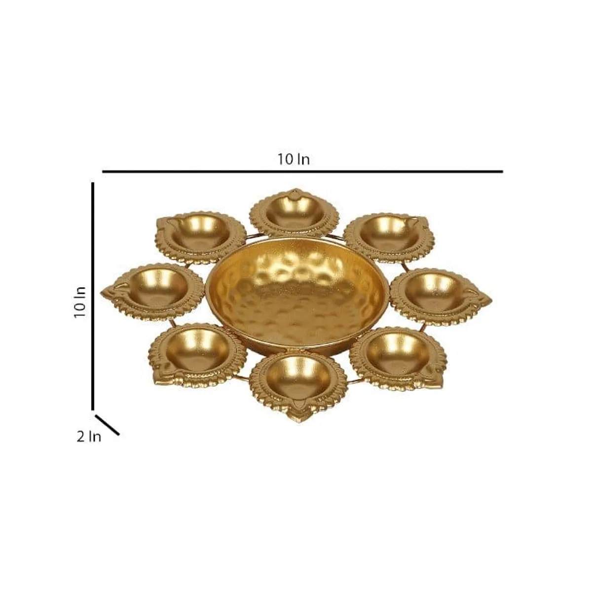 Gold urli with diya holders shown with size markings