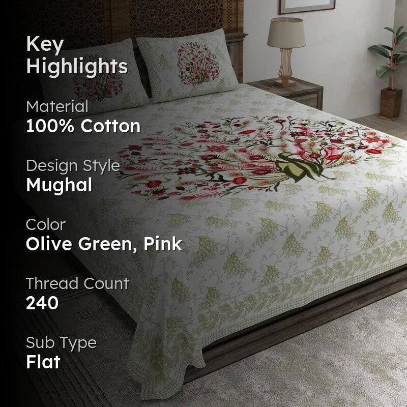 Classicra Cotton Bedsheet (Olive green,Pink) - 240 TC media 2