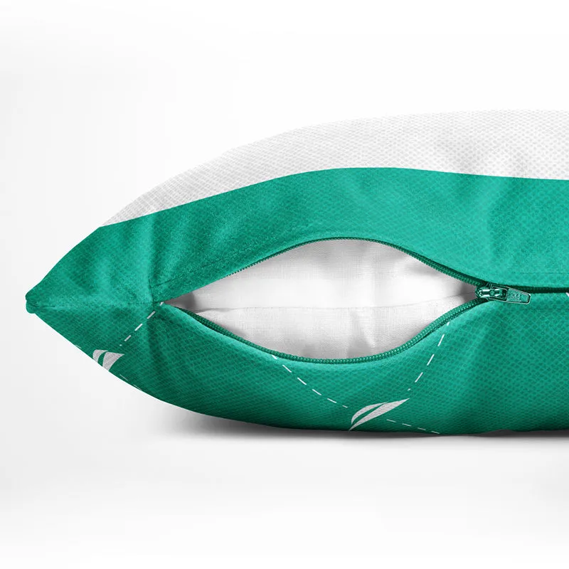 Close-up of the cushion cover zip opening showing the teal trim and white inner lining