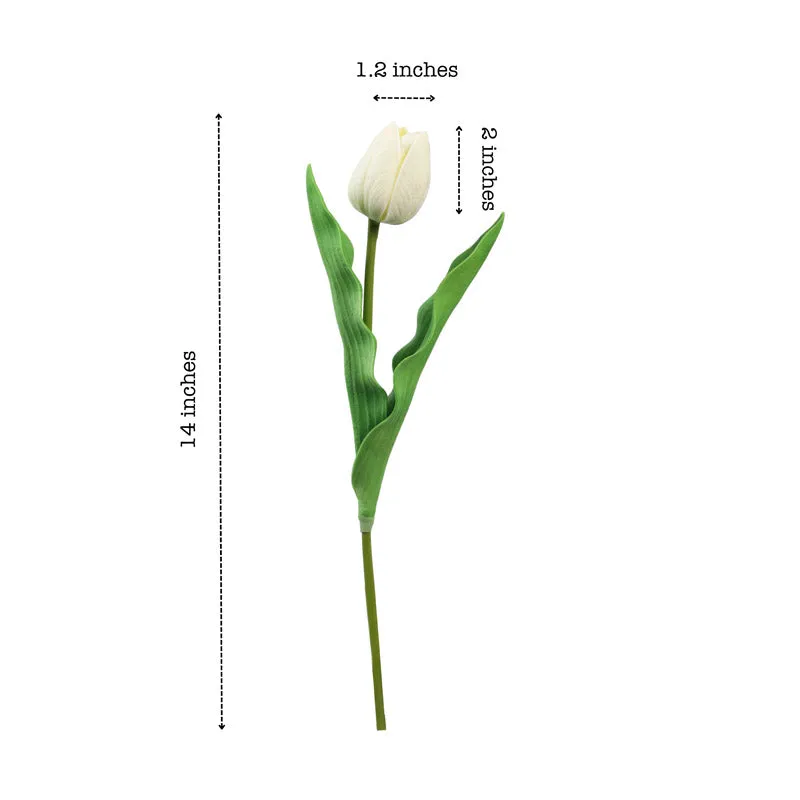 Single white artificial tulip stem shown with green leaves on a white background