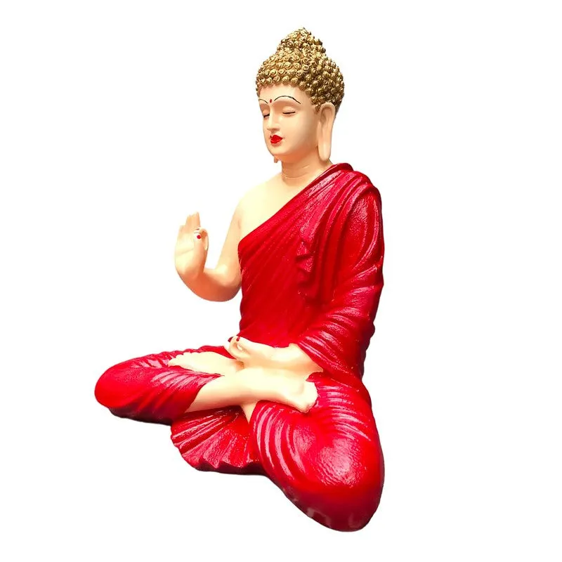 Three-quarter view of seated Buddha showpiece in red and ivory