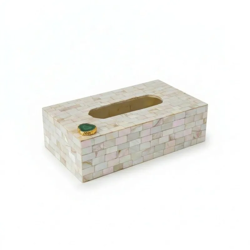 Suzzaine Handcrafted Mother Of Pearl & Agate Tissue Box - Green & Beige media 3