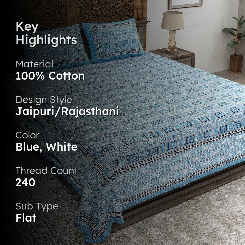 Geoor Cotton Bedsheet (Blue,White) - 240 TC media 2