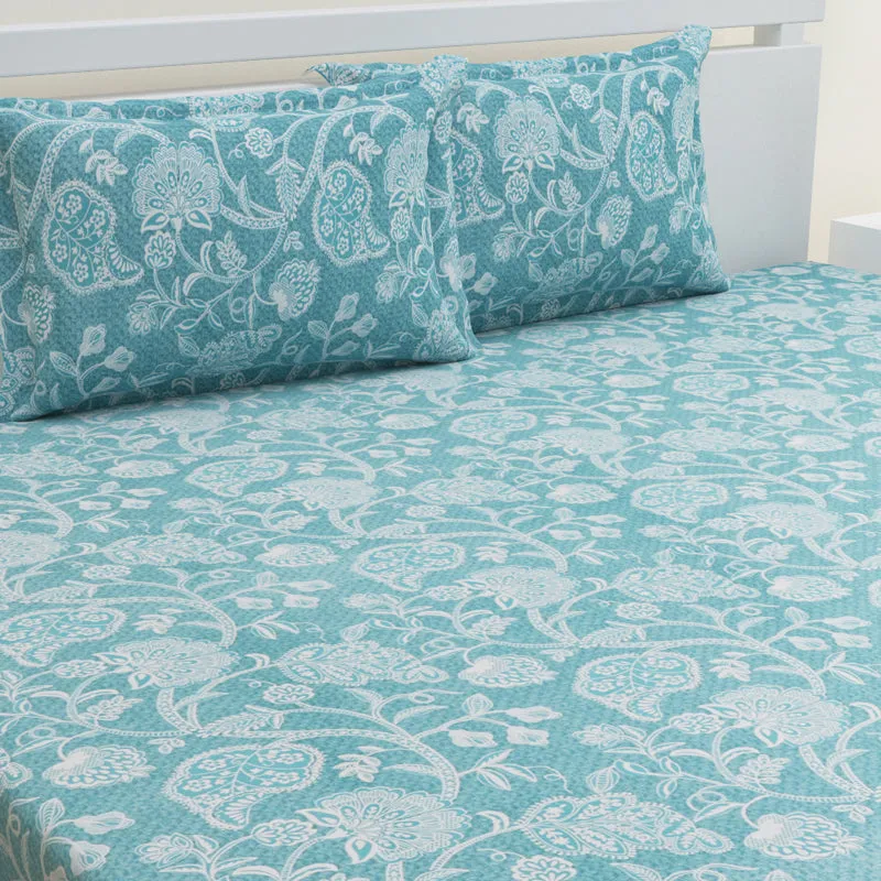 Dream Vines Cotton Bedsheet (Sky Blue) - 144 TC media 3