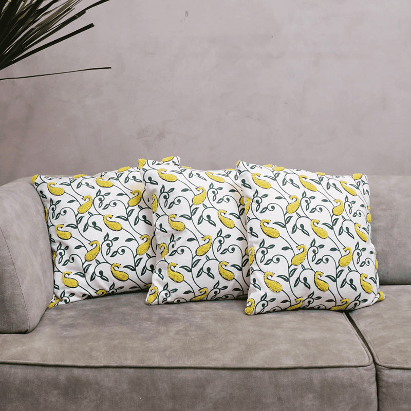 Tuft Tales Tufted Cushion Cover (Yellow & White) - Set Of Three