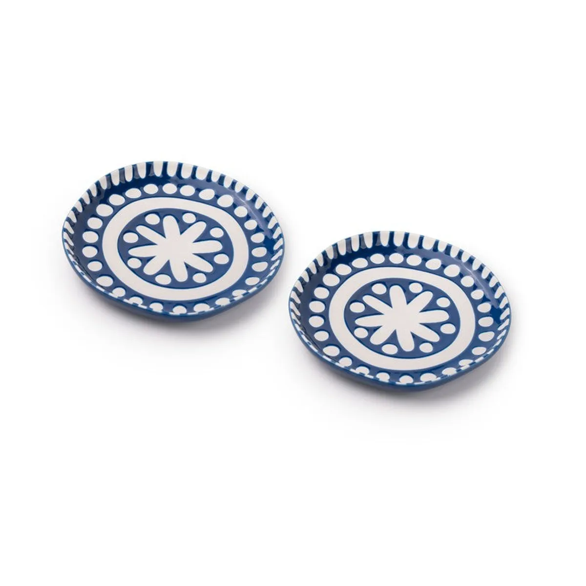 Blue and white patterned porcelain plate shown from above on a white background