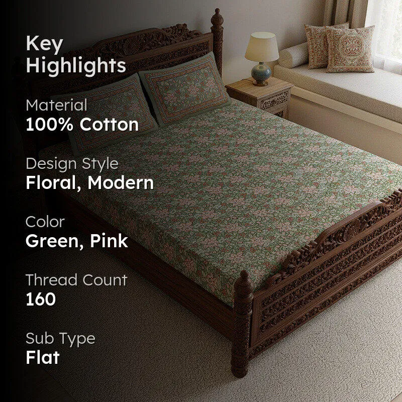 Dhriti Cotton Bedsheet (Soft Green, Pink) - 180 TC media 2