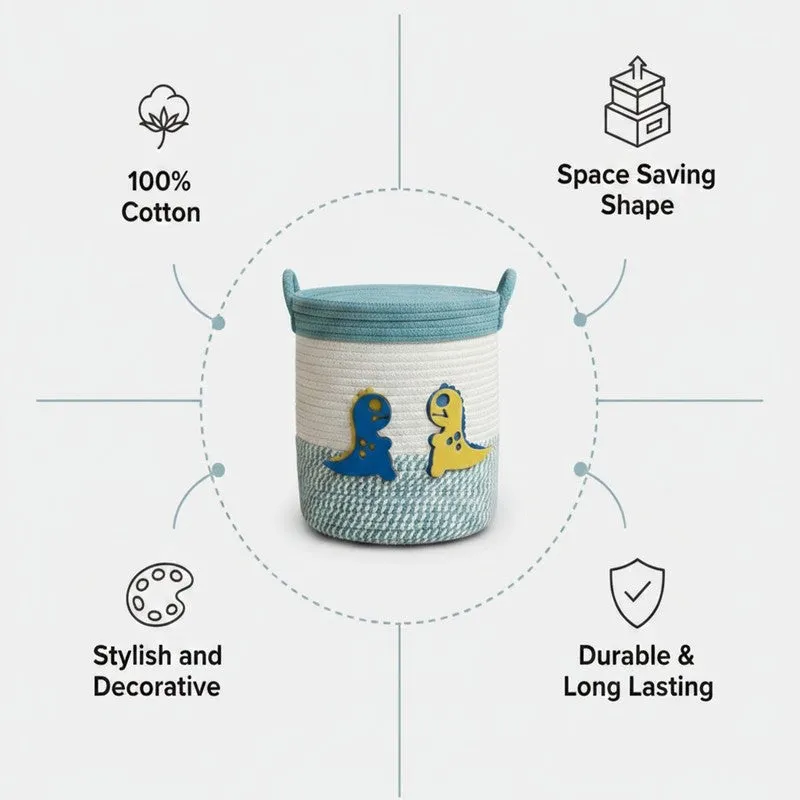 Cotton storage basket with dinosaur motif shown in a feature graphic
