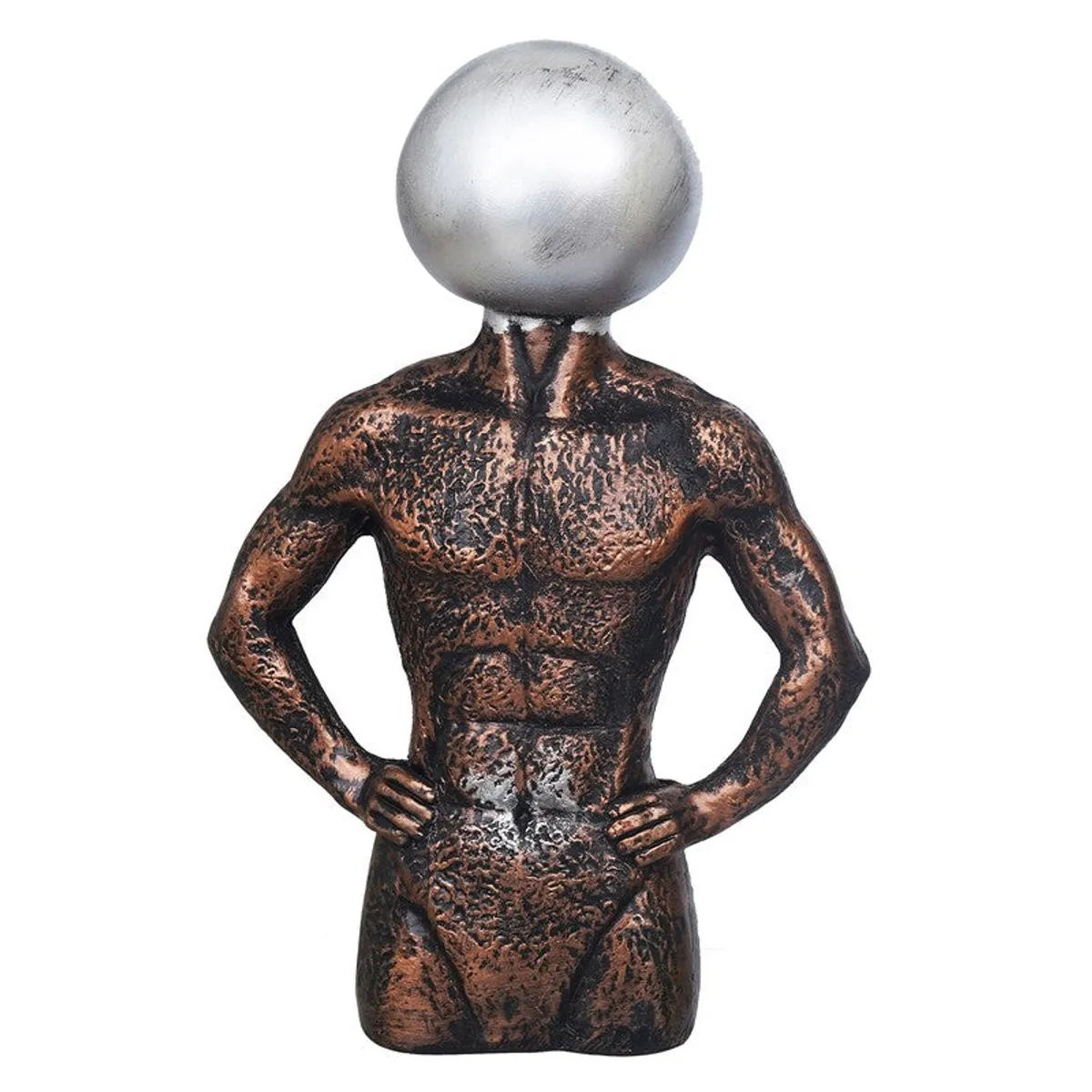 Studio view of textured male torso figurine with spherical silver head