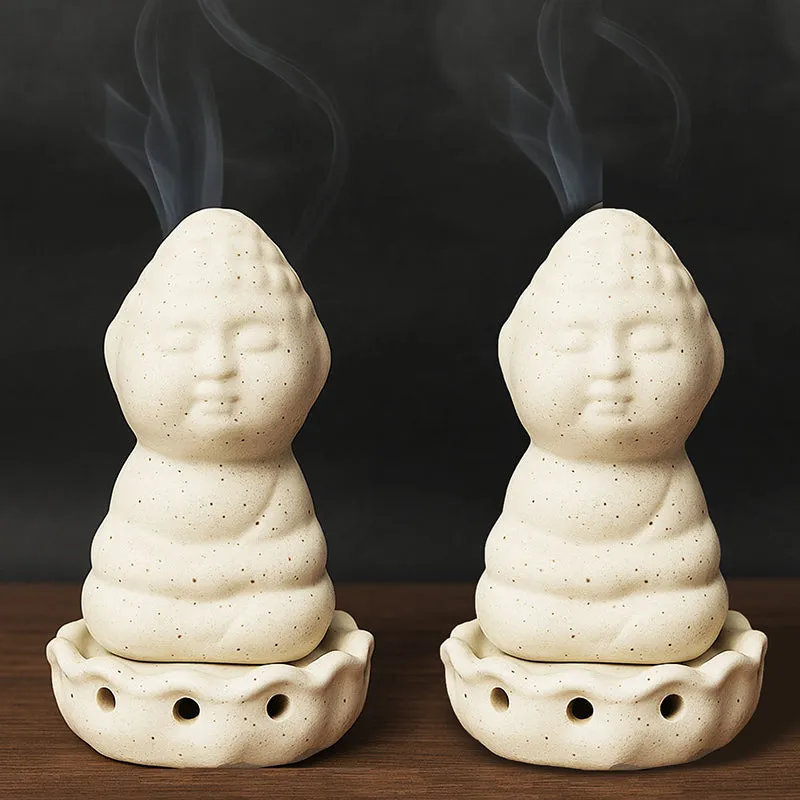 Buddha Ceramic Incense Holder (White) - Four Piece Set media 1