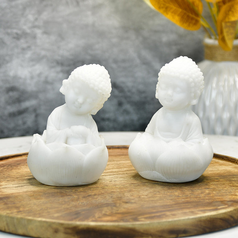 Baby Buddha In Lotus Resin Idol - Set Of Two