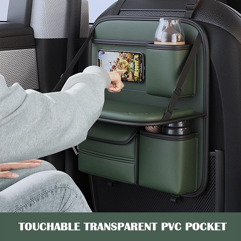 Sleek Seat Leather Car Seat Organizer With Foldable Tray - Green media 3