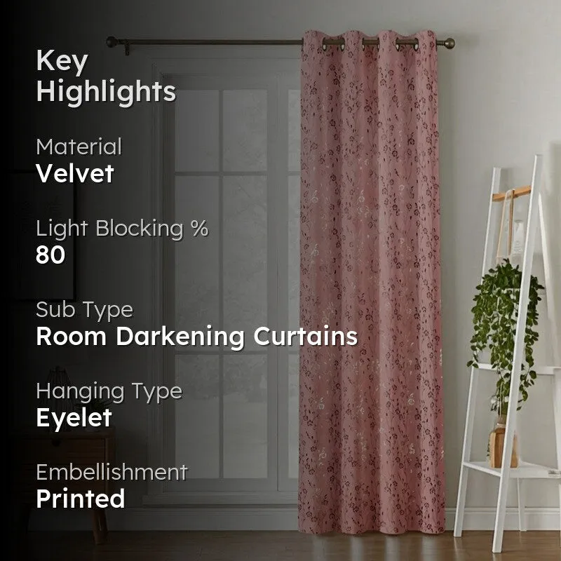 Glow Touch Printed Velvet Curtain - Peach,Gold media 2