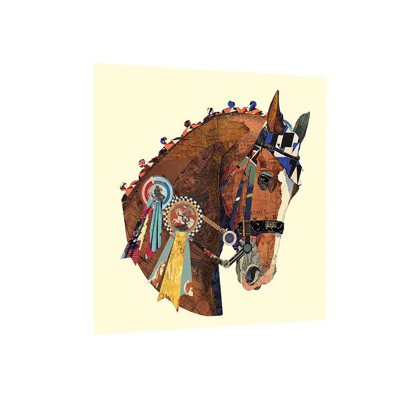 Front view of square canvas art featuring a decorated horse head on an off-white background.