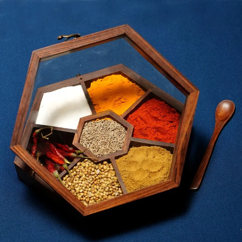 Rasoi Sheesham Wood Hexagon Masala Box - Two Piece Set media 6