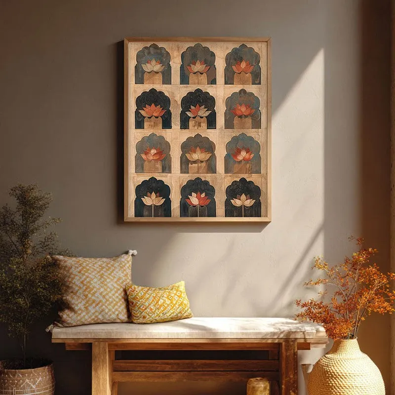 Heritage Lotus Arch Motif Canvas Wall Painting With Brown Frame media 3