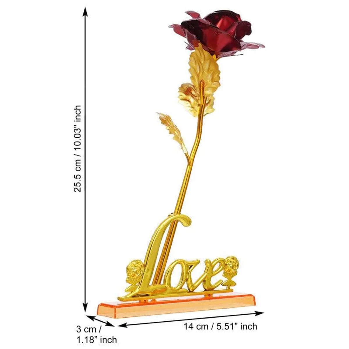 Side view of red rose Love showpiece with measurement arrows on a white background