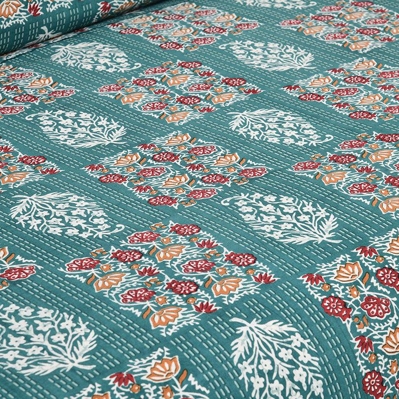 Gulzar Heritage Floral Cotton Bedsheet (Green & White) - 160 TC media 5