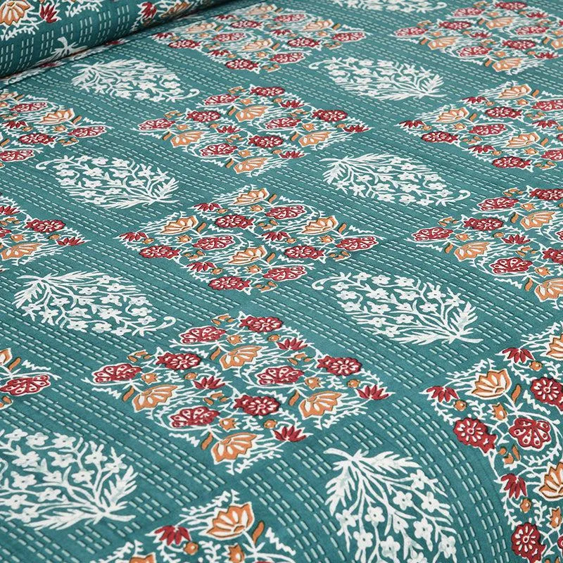 Gulzar Heritage Floral Cotton Bedsheet (Green & White) - 160 TC media 5