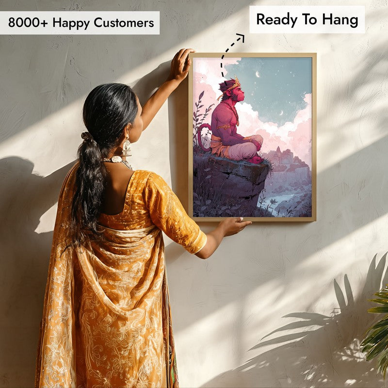 Sri Hanuman Divine Peace Spiritual Archival Paper Wall Art - Natural Brown Frame media 7