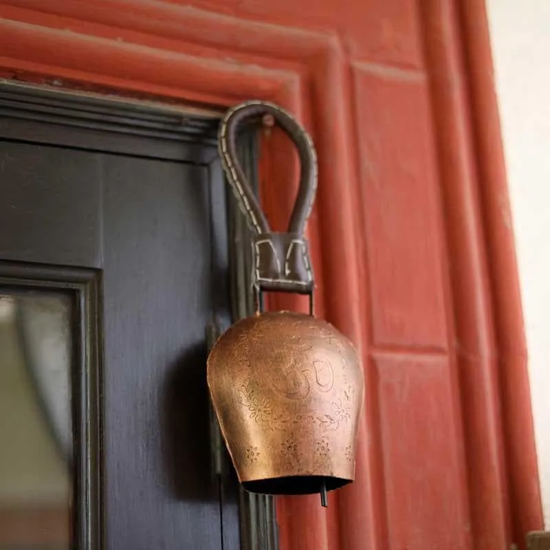 Sacred Om Engraved Rustic Metal Hanging Bell media 3