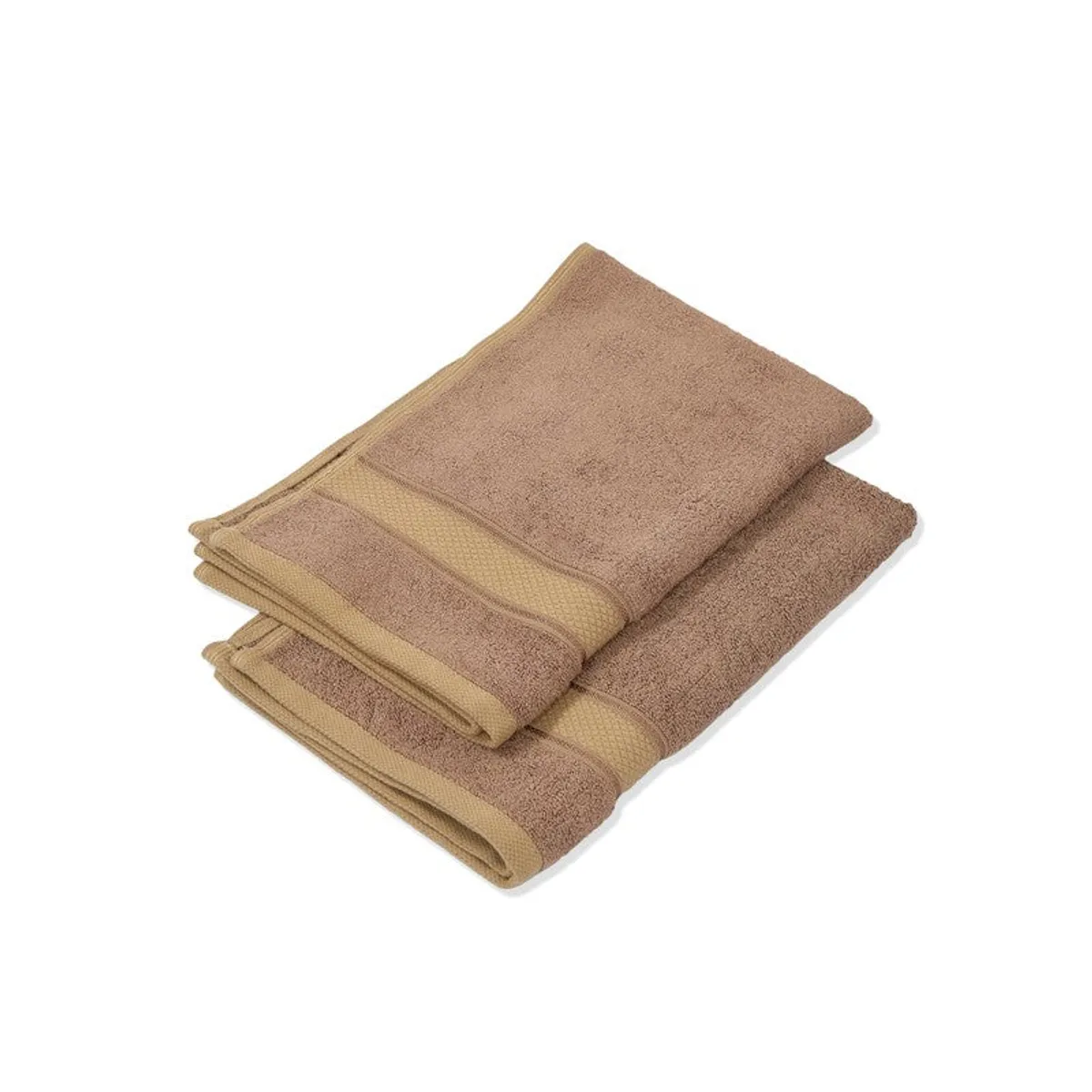 Two folded beige-brown towels stacked on a white background