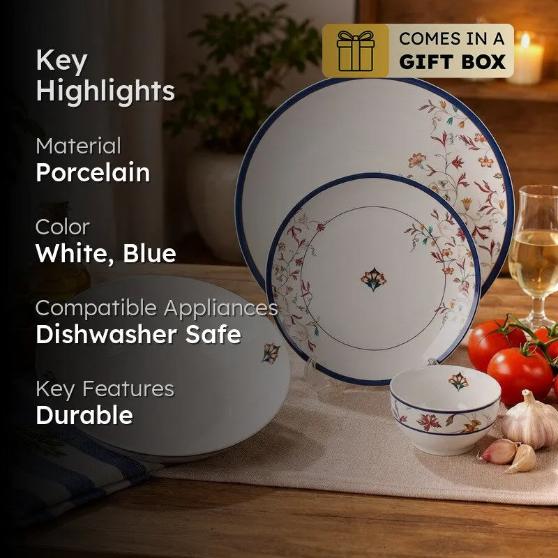 Classic Motif 24k Gold Brushed Dinner Set (White,Blue)- 27 Piece Set media 2