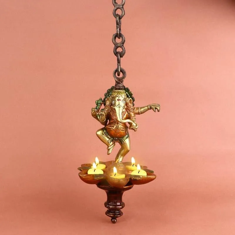 Dancing Ganesh Hanging Brass Diya media 1