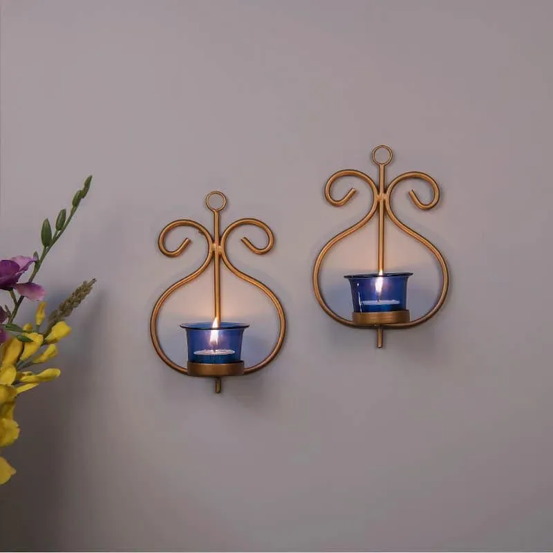 Seina Gold Frame Sconce Candle Holder (Blue) - Set Of Two media 3