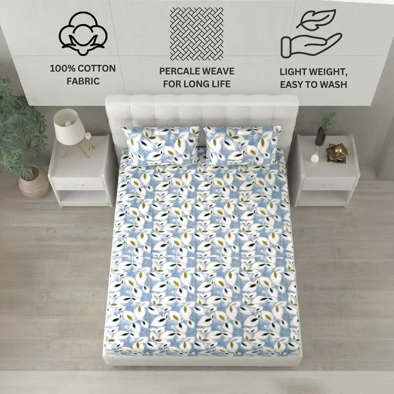 Blue printed bedsheet spread on bed with matching pillow covers