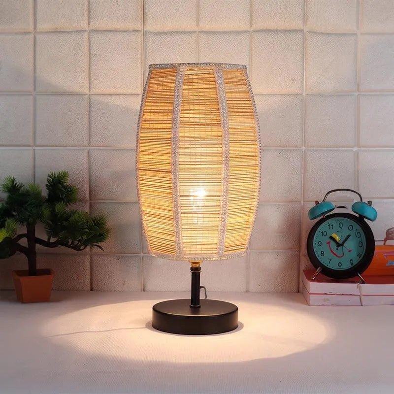 Hisha Metal Wooden Table Lamp With Bamboo Shade - Beige,Black media 1