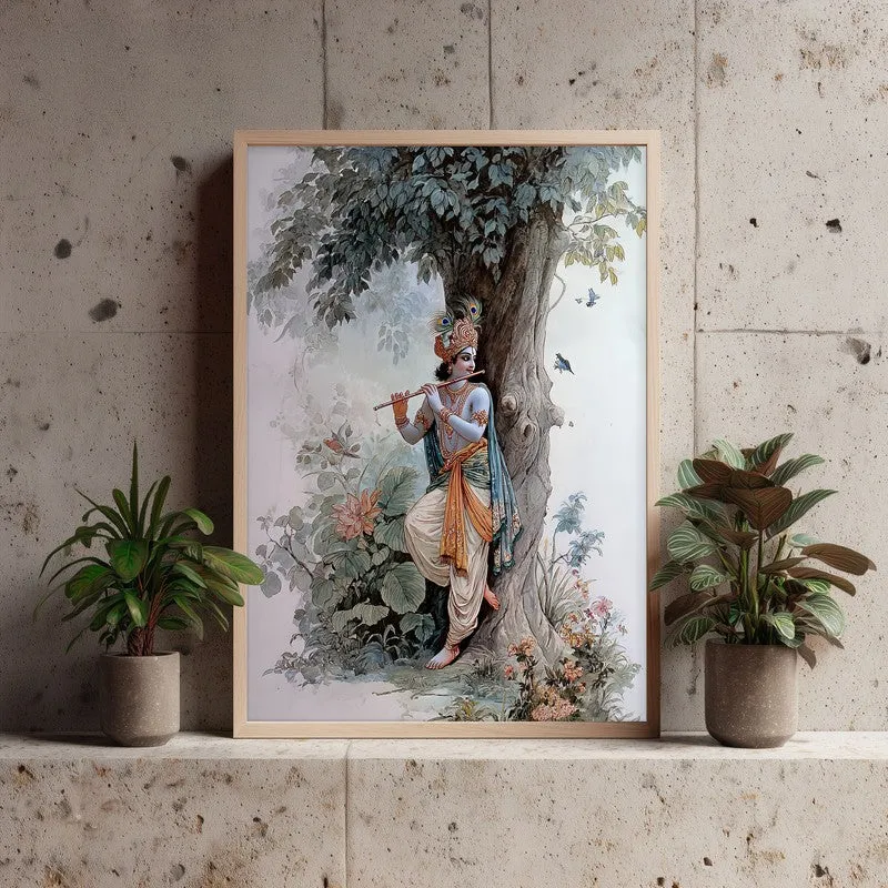 Sri Krishna Fluit Playing Blissful Archival Paper Wall Art - Natural Brown Frame media 4