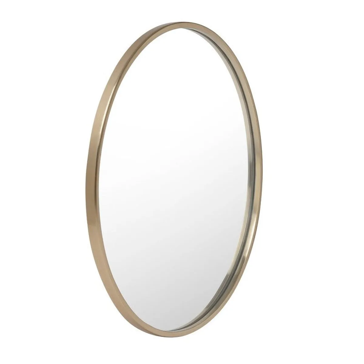 Side view showing the slim gold frame and depth of the round wall mirror