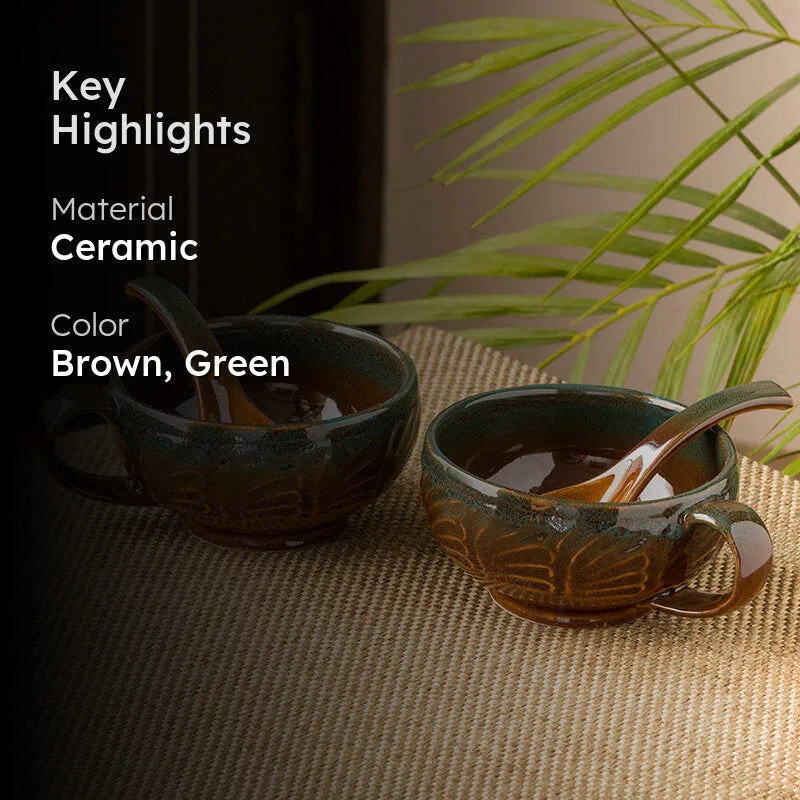 Kalika Handglazed Ceramic Soup Bowl With Spoon (Dark Green/300 mL) - Four Piece Set media 2