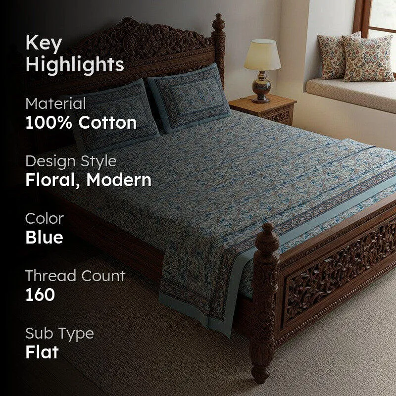 Madhur Cotton Bedsheet (Blue, Grey) - 180 TC media 2