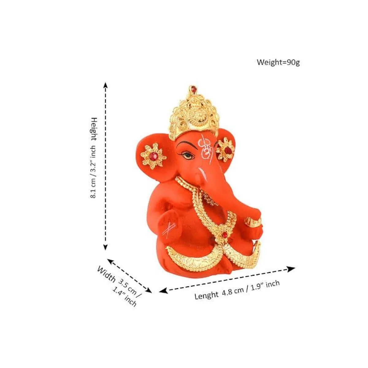 Red Ganapati idol with gold crown and embellishments on white background