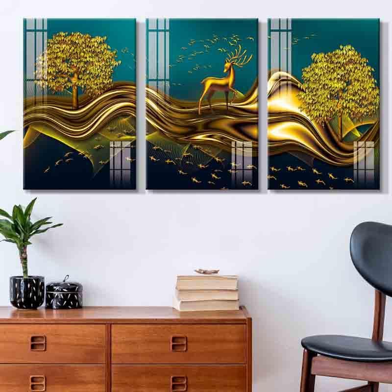 Paradise Gold Deer Canvas Wall Art - Three Piece Set