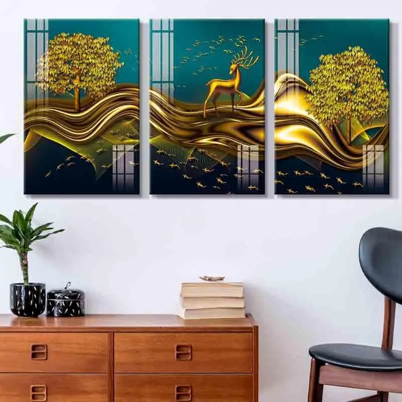 Paradise Gold Deer Canvas Wall Art - Three Piece Set media 1