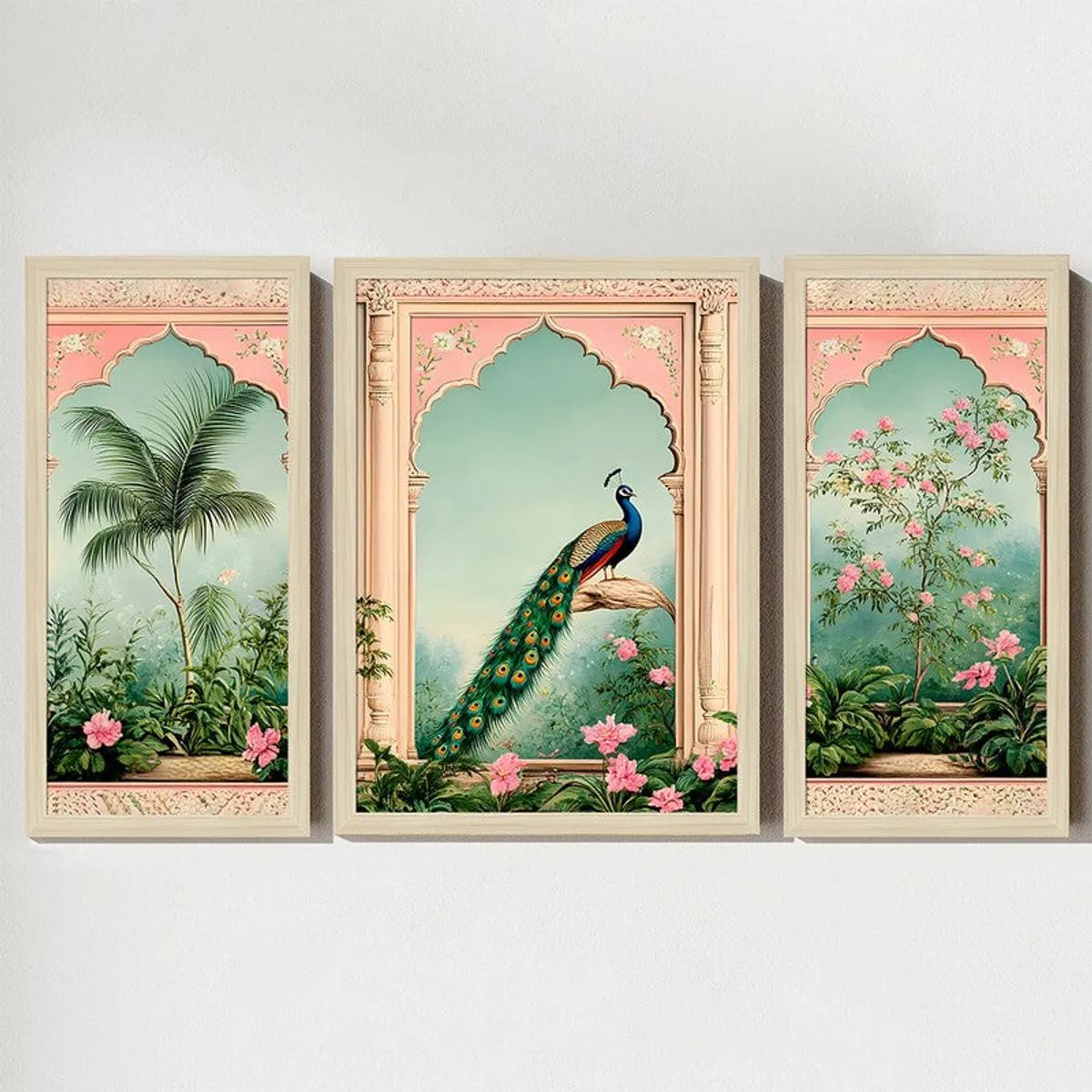 Front view of three framed pastel wall art panels with floral and peacock motifs