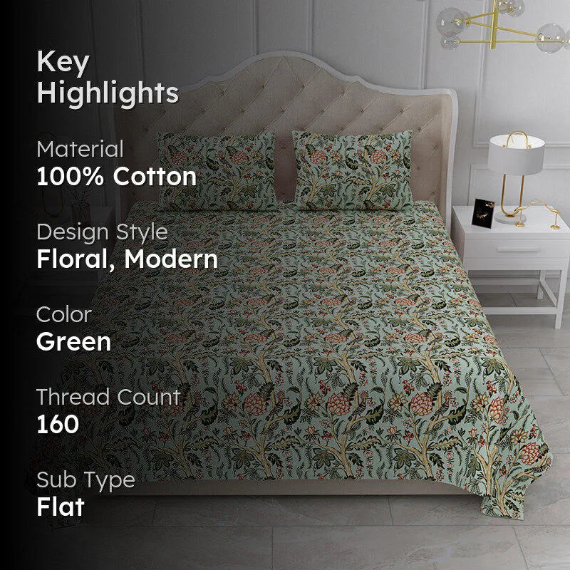 Hestia Floral Cotton Bedsheet (Green) - 160 TC media 2