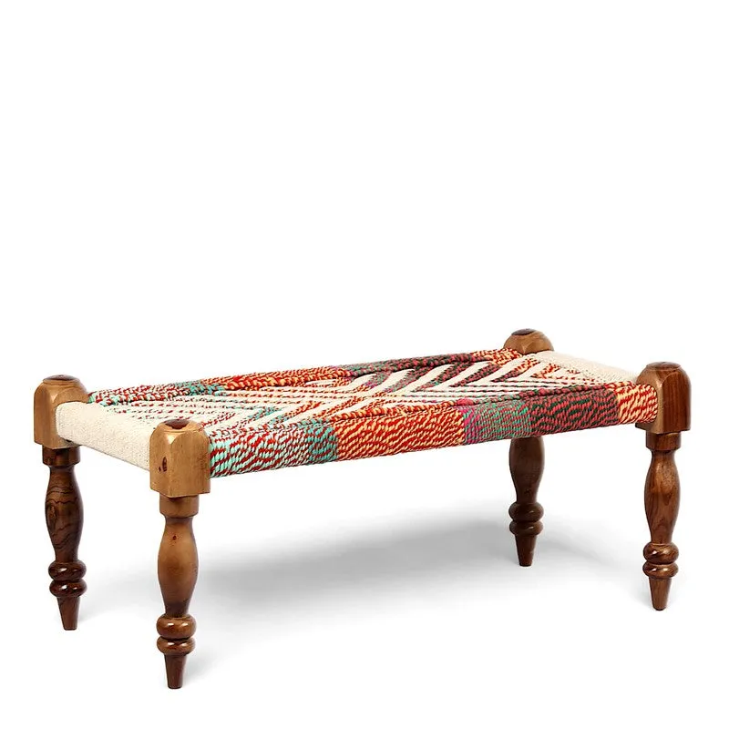 Angled view of a multicolour rope woven bench in Sheesham wood