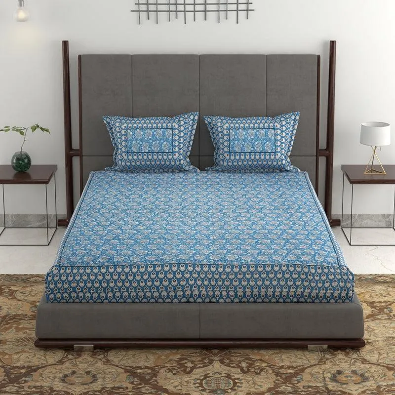 Saavika Printed Cotton Bedsheet (Blue) - 280 TC media 4