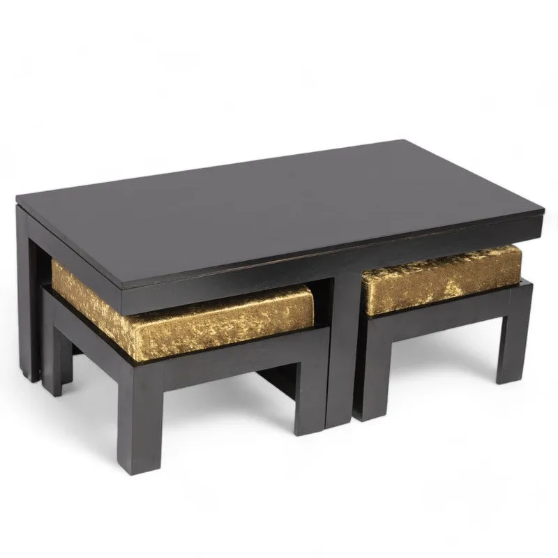 Drexon Sheesham Wooden Center Table with Stools (Black,Gold) - Five Piece Set media 5