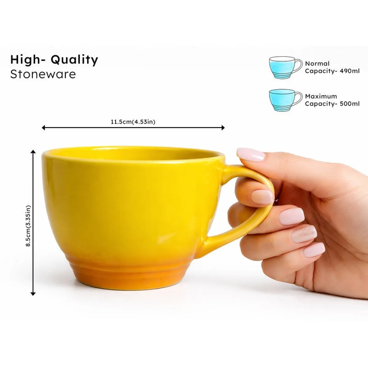 Yellow ceramic mug held by a hand, showing its size and curved handle