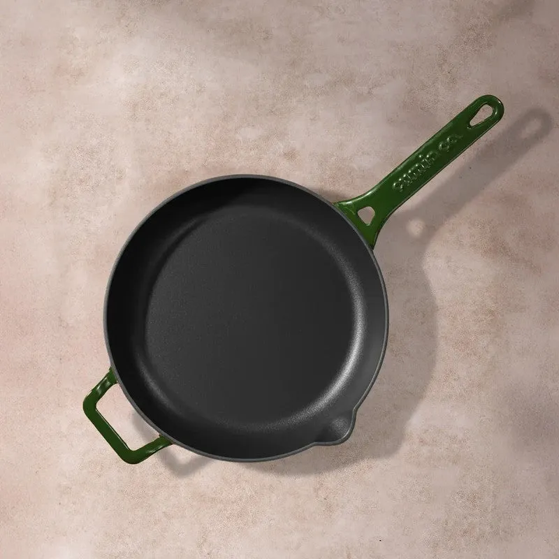 Top view of the open green frying pan with a single handle