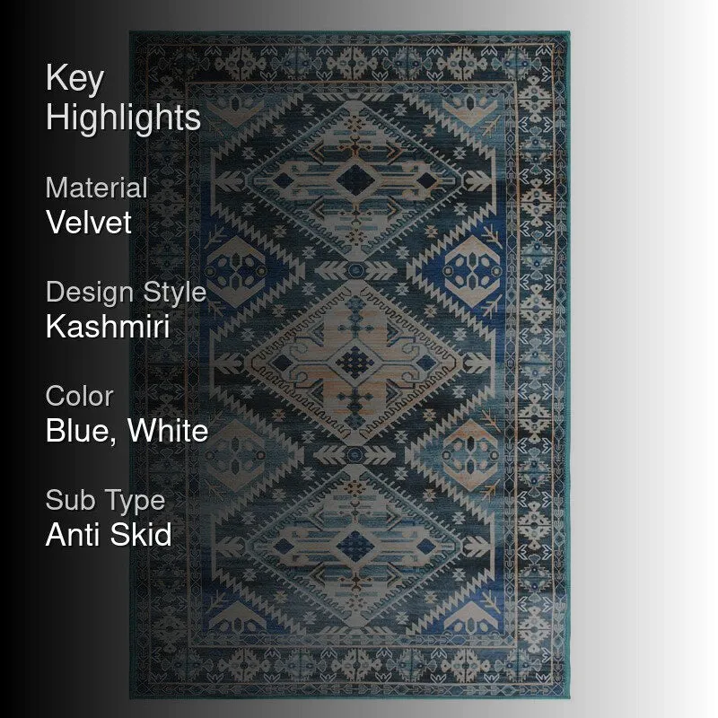 Blue and white rectangular carpet shown with material and design highlights