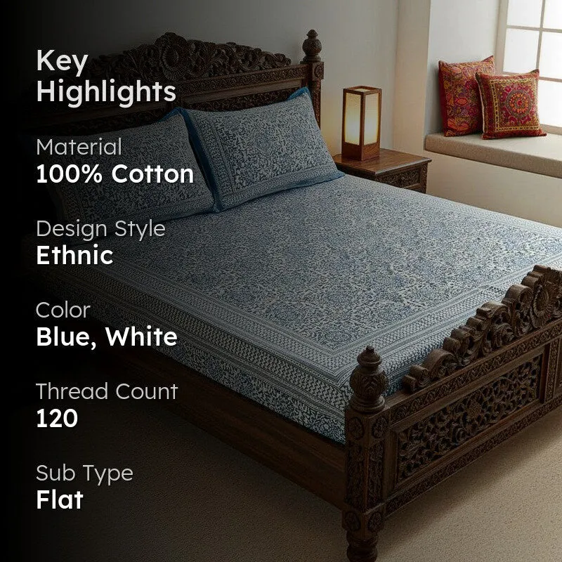 Anvi Ethnic Printed Cotton Bedsheet (Blue) - 120 TC media 2