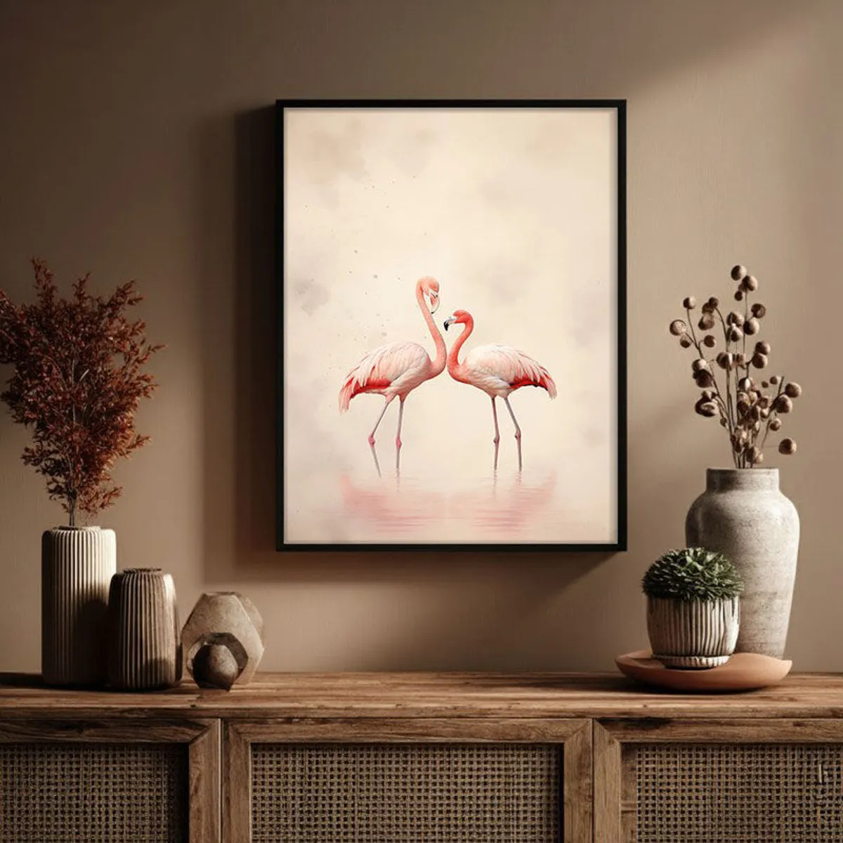 Framed flamingo artwork displayed on a wooden console with vases