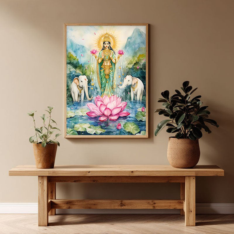 Divine Gaja Lakshmi Spiritual Archival Paper Wall Painting - Natural Brown Frame