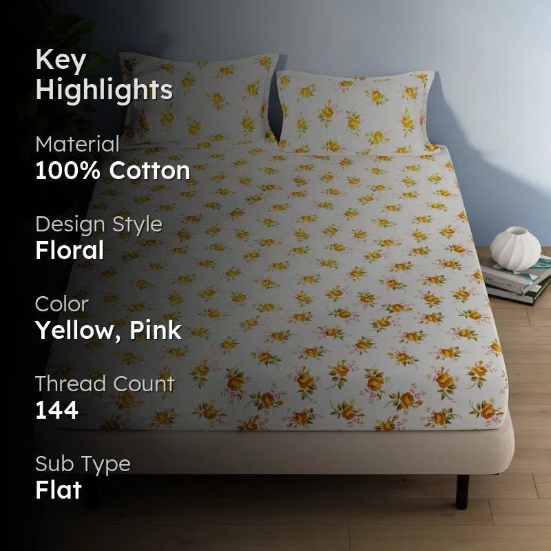 Serina Flora Cotton Bedsheet (Yellow) - 144 TC media 2